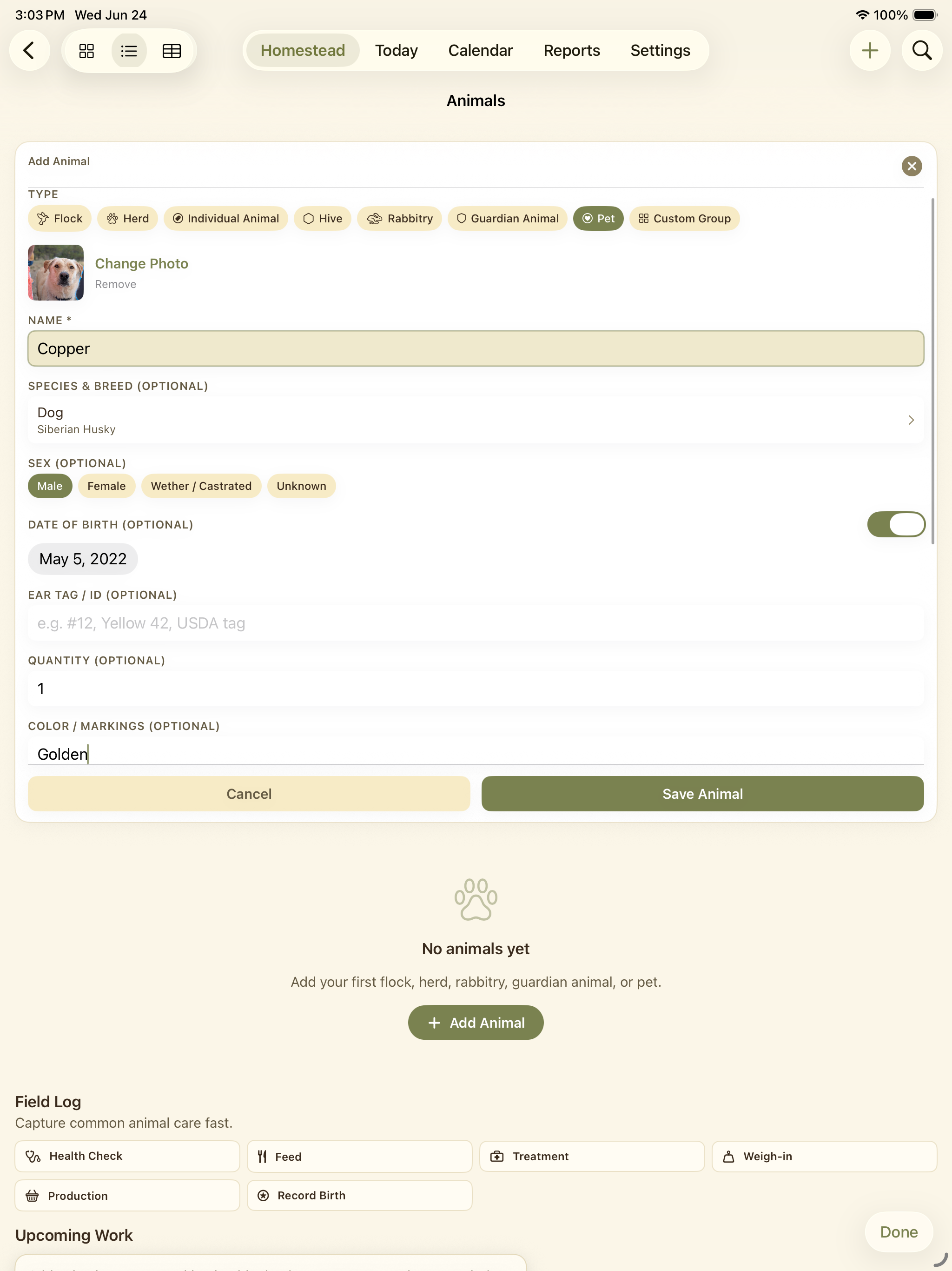 New animal form with fields for name, species, type, status, sex, location, and notes.